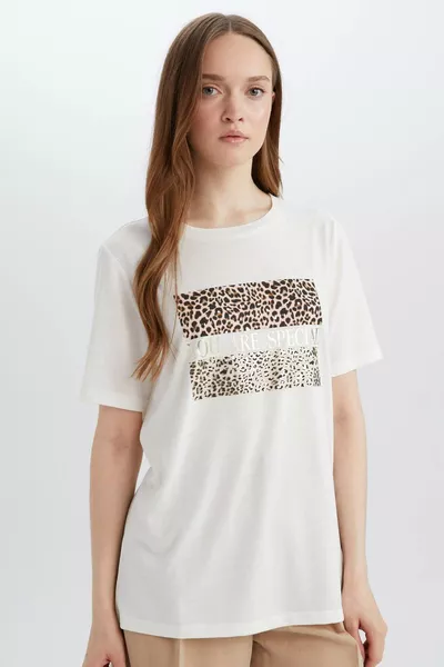 T-shirt à manches courtes imprimé léopard, coupe régulière, col rond SP