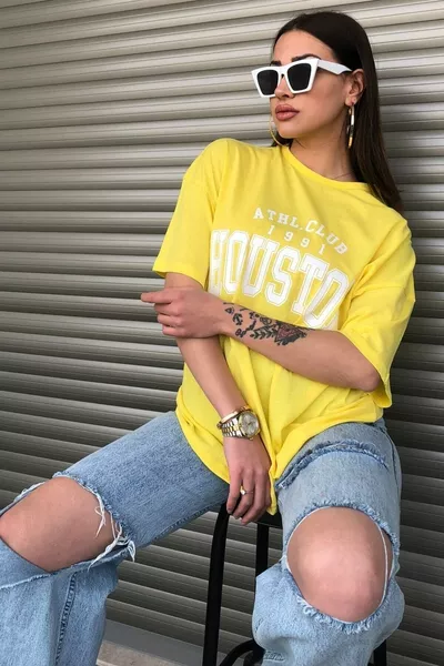 Houston Printed Women's Oversized Yellow T-shirt