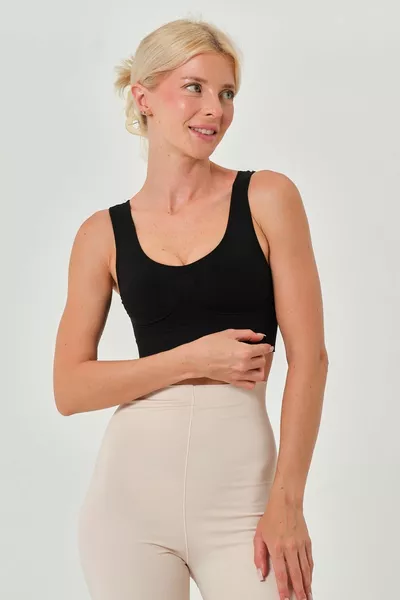 Спортен сутиен Rosella модел с широки презрамки, допълнително стягащ, без подплънки, черен цвят 