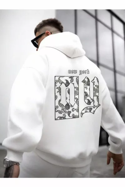 سويت شيرت بغطاء رأس رجالي بطبعة NY على الظهر باللون الأبيض