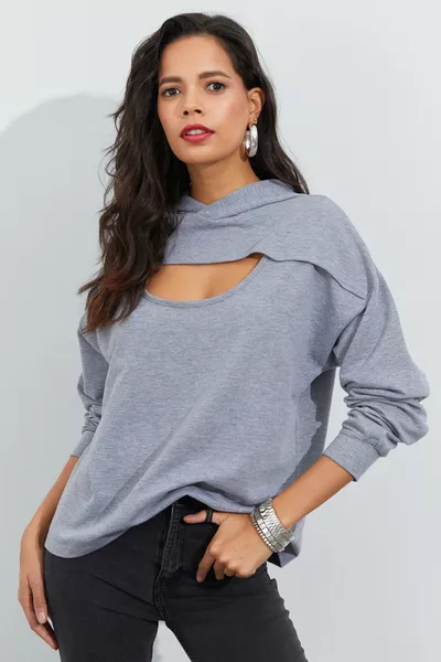 Kadın Gri Önü Pencereli Kapüşonlu Sweatshirt 