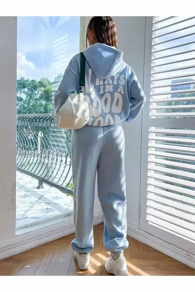 Alwas Good Свитшот с брюками-джоггерами - Светло-голубой комплект с принтом с капюшоном