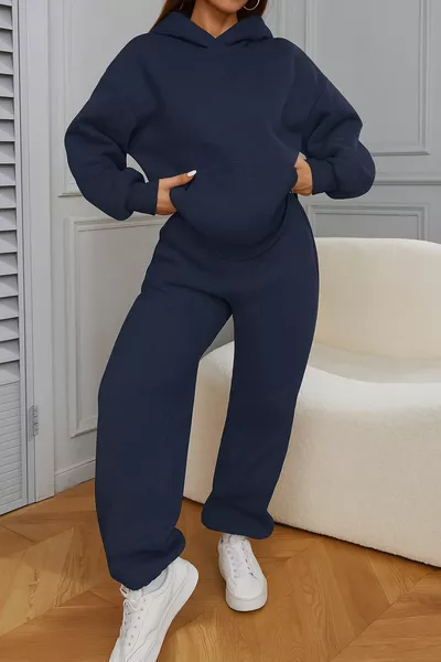 طقم رياضي نسائي بغطاء رأس واسع داخلي قطن شتوي