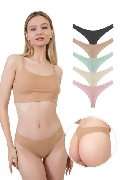 Women's Cotton and Lycra Ribbed Kaşkorse Thong Panties 5-Pack