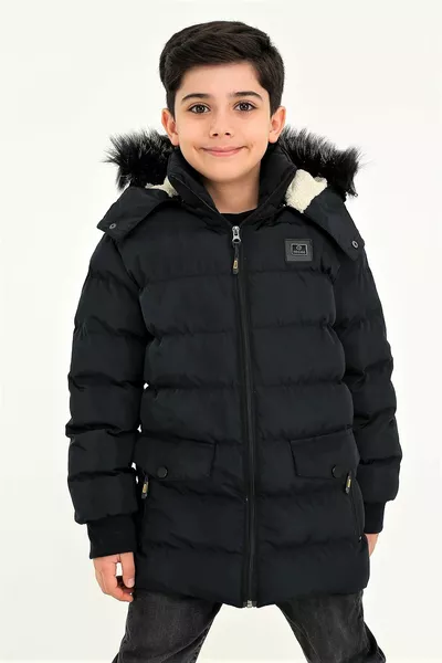 Giacca e cappotto per bambini da uomo blu navy con cappuccio removibile, interno in pelliccia, impermeabile e antivento