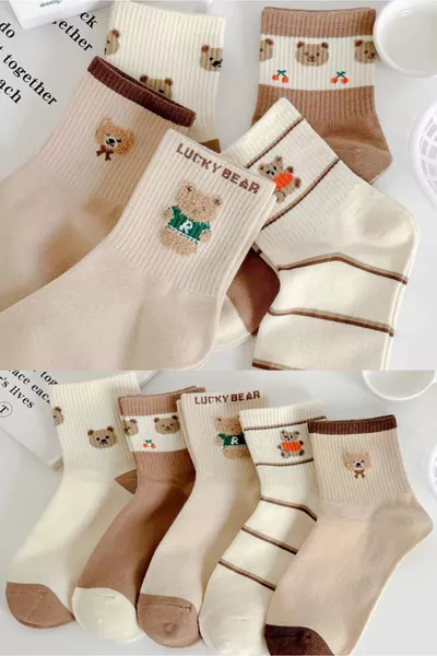 5 أزواج جوارب نسائية بنقشة الدب