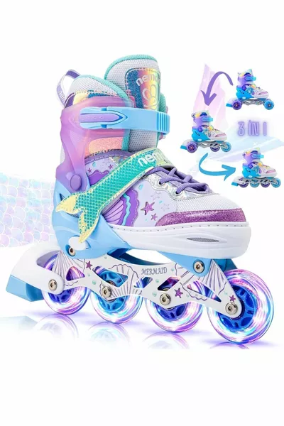 Pattini per bambine Sirena luminosi 2+2 con ruote in silicone, borsa inclusa, 3 in 1