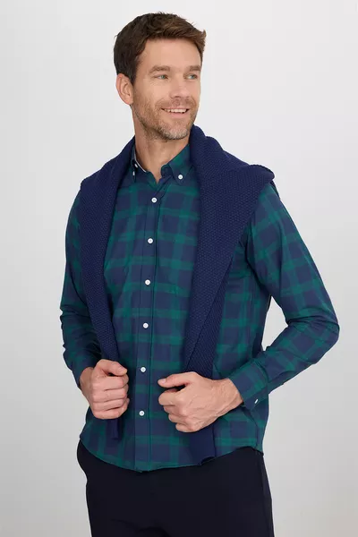 قميص رجالي بقصة كلاسيكية عادية، ياقة بأزرار، من القطن، بنقشة مربعات صغيرة باللونين الأخضر والأزرق