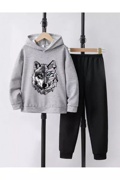 Мъжко/Детско облекло сиво-черно с принт на вълк