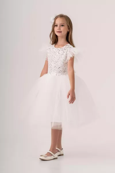 فستان فتاة بأكمام تول KPL  أبيض ثلجي