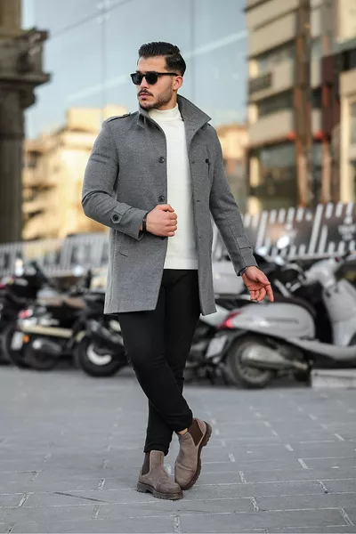 معطف طويل للرجال من الصوف بقصة ضيقة باللون الرمادي