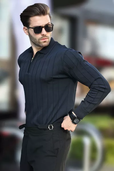 Navy Blue Polo Neck Zippered Knit Sweater 