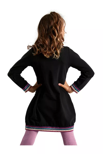 فستان طويل بأكمام طويلة للبنات باللون الأسود مع بريق وحزام مطاطي