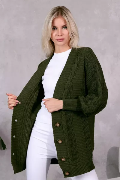 Cardigan en maille femme 5 boutons tricot à motifs Cardigan kaki