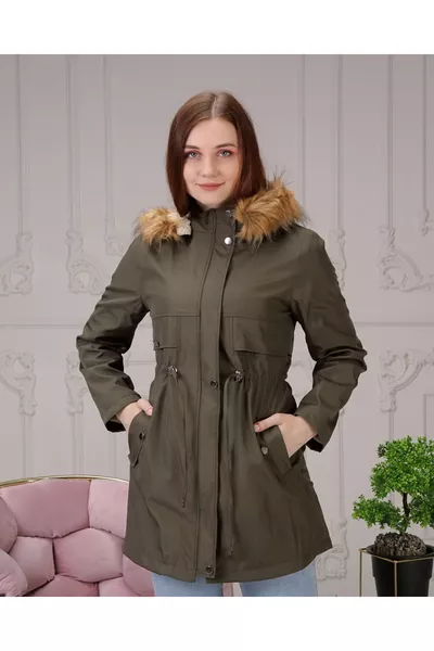 Khaki Women's Winter Coat & Jacket with Fur Lining and Waterproof