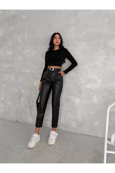 Women's High-Waisted Masculine Classic Leather Pants with Belt Detail, Carrot Fit