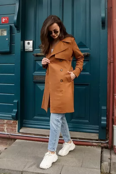 معطف نسائي طويل من القطن % غاباردين بحزام مبطن طول  سم موديل  بلون الكراميل