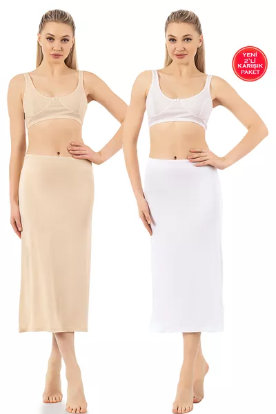 Özkan  2-Pack Women's Viscose Fabric White Skin Knee-Length Long Skirt Dress Lining Petticoat Combines
