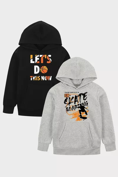 2'li ERKEK ÇOCUK BASKILI CEPLİ SWEATSHİRT