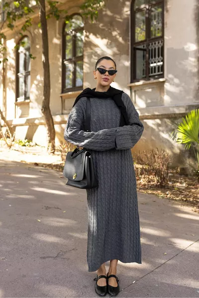 Antrasit Bisiklet Yaka Saç Örgülü Triko Elbise 