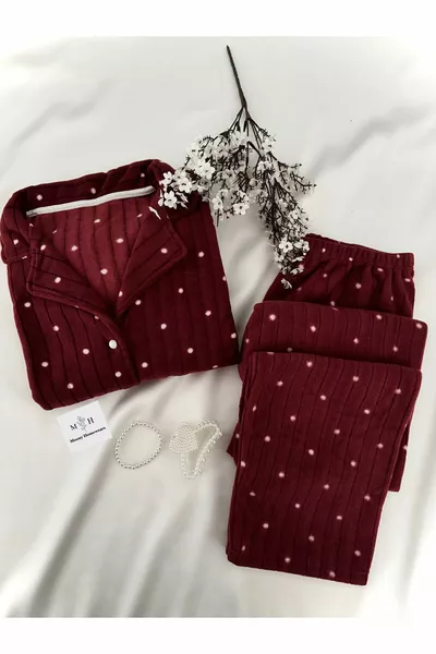 طقم بيجامة صوف حراري شتوي باللون العنابي