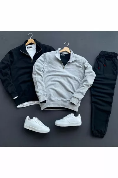 3lu kombin Yarım Fermuarlı Pamuklu Siyah Sweat-pamuklu Siyah Eşofman Altı Takım Alt Üst 3