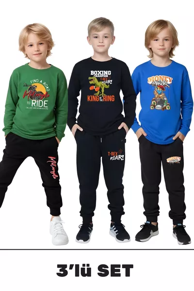 3-Piece Boys' Printed Crew Neck Pajama Set