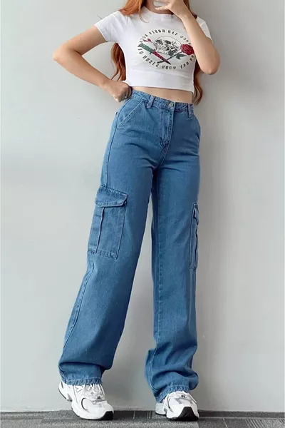 Pantalon Palazzo femme Kargo Cep Ara Mavi Neeko Bleu qui ne se décolore pas