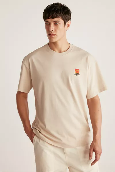 Floraıson Erkek Bisiklet Yaka % Pamuk Oversize Kalıp Bej T-shirt