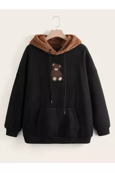 Unisex Plush Brown Hooded Teddy Print Black Oversized Sweatshirt