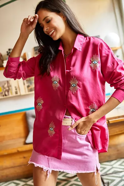 Damen Dunkelfuchsia Paillettenbesetztes Gewebtes Boyfriend-Hemd 