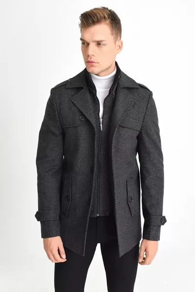 Heren mantel van antracietkleurig wolmengsel met patroon, ritssluiting en knoopsluiting