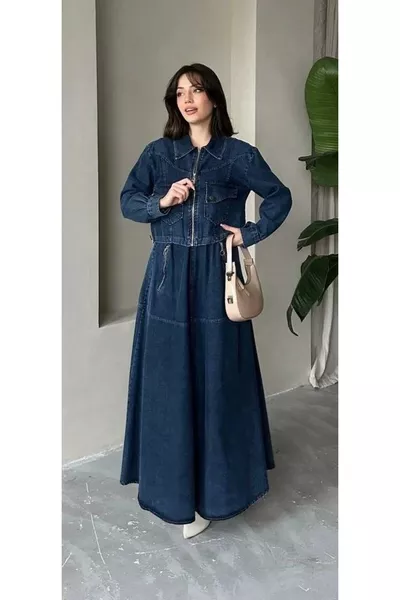 Premium Denim Jumper Dress and Jacket Set Double Denim Jacket Dress Set