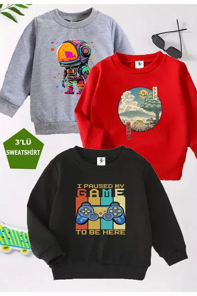 Sweat-shirt enfant unisexe imprimé console de jeux, lot de 3, noir-rouge-gris