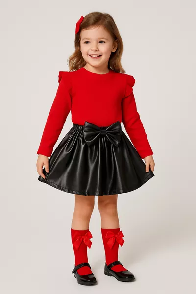 مجموعة جوارب مع تنورة جلدية وبلوزة حمراء بحمالات وأكتاف مكشكشة لفتيات الأطفال