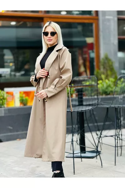 معطف ترنش بفيونكة وأكمام منفوخة باللون البني المخملي