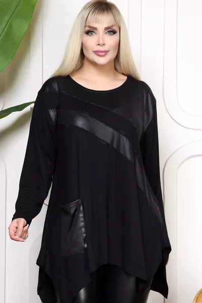 Pool Neck Long Sleeve Leather Block Hobo Pocket Stone-Embellished Relaxed Fit Asymmetric Hem Plus Size Blouse