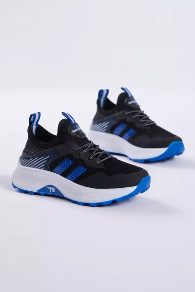 حذاء سنيكرز للأطفال، للجنسين، أسود وأزرق، مريح، مصنوع من قماش قابل للتنفس، مزود بأربطة