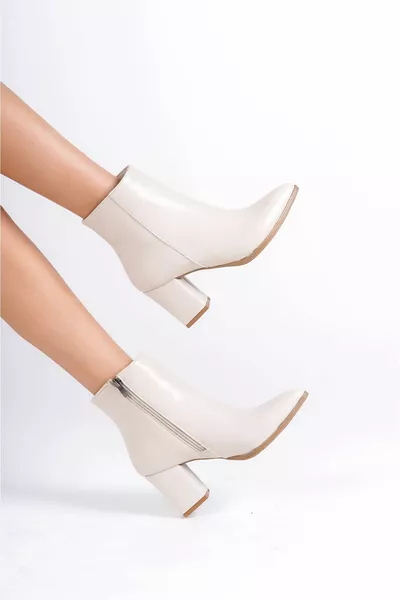 حذاء نسائي بكعب جلد مطفي بيج بسحاب من كولي