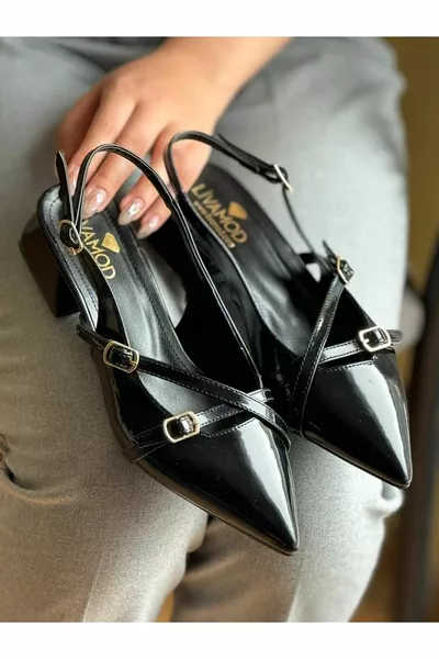 حذاء ماري جين بكعب قصير كتلة، مفتوح من الخلف، مدبب الأصابع