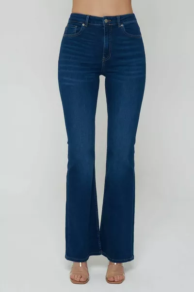 Aurora Donkerblauwe High Waist Flare Fit Pat Rits Broek Jeans C 