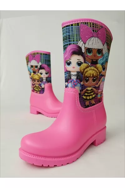 حذاء مطر للبنات مزين بطبعة لول، وردي مقاوم للماء