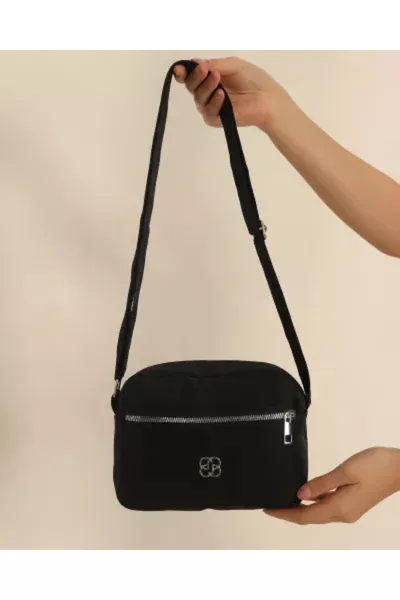 Women's Black Crinkled Fabric Water-Resistant Three-Compartment Crossbody Bag