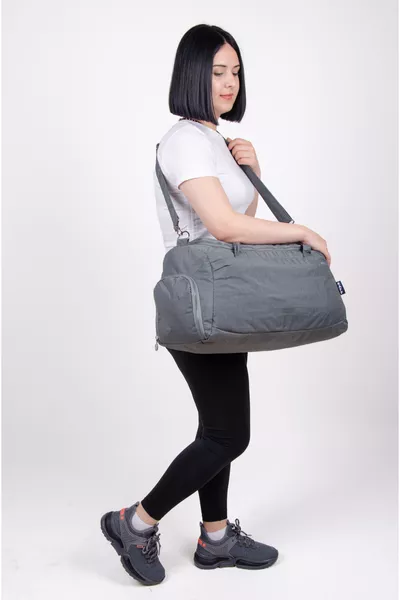 Gray Crinkle Fabric Shoe Compartment  Front Pocket Waterproof Shoulder Strap Sports and Travel Bag
