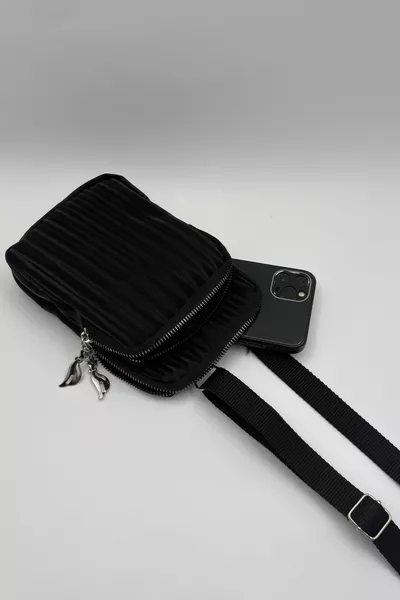Women's Black Leather 2-Compartment Phone Bag