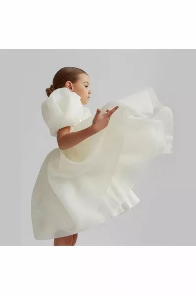 Robe de soirée design organza à manches ballon, Robe de soirée en organza de tulle de cristal, Robe pour filles, Robes de soirée pour enfants