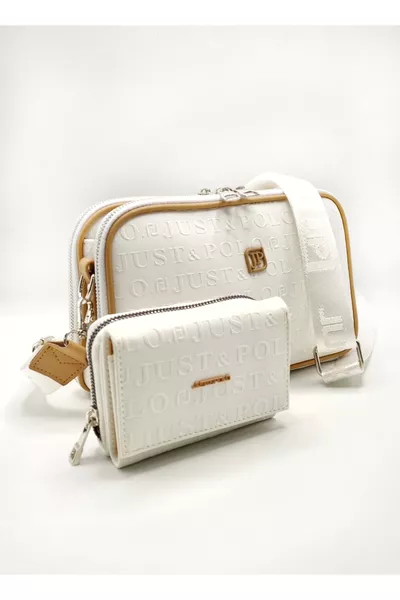 Set originale Justpolo di borsa e portafoglio bianco a 5 scomparti, borsa a spalla e tracolla