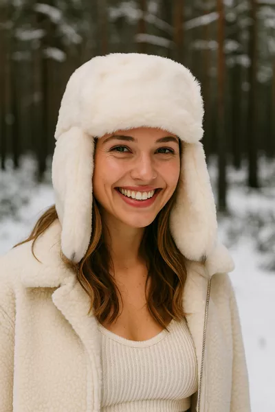 White Furry Ear-Protecting Winter Beanie - Warm Accessory for Cold Weather 