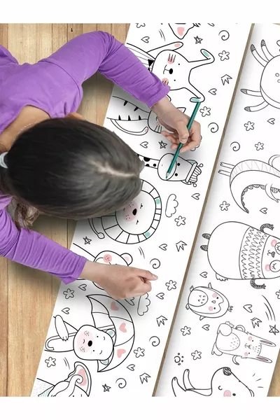 ورق تلوين على شكل حيوانات لطيفة، 3 أمتار لفة - نشاط تعليمي لمرحلة ما قبل المدرسة - عمر سنتان