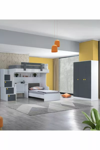 Bunk Bed, Metris Bunk Bed Bed Frame Desk Wardrobe 2 Comfort Mattresses